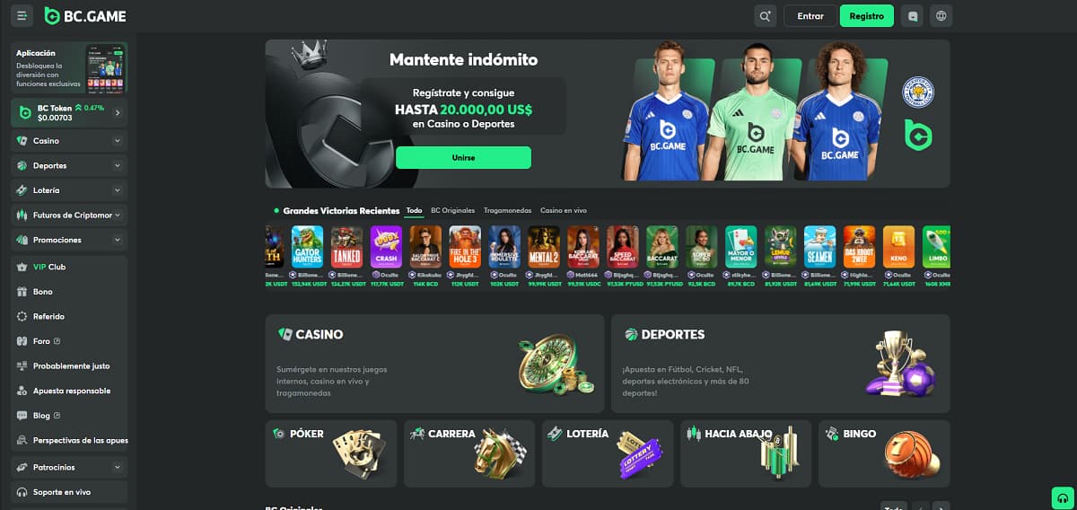 BC Game inicio con banner que ofrece hasta 20.000 US$ en casino o deportes. Navegación incluye casino, apuestas deportivas, lotería y criptomonedas, con sección de grandes victorias recientes y juegos como Crash y Fire in the Hole.