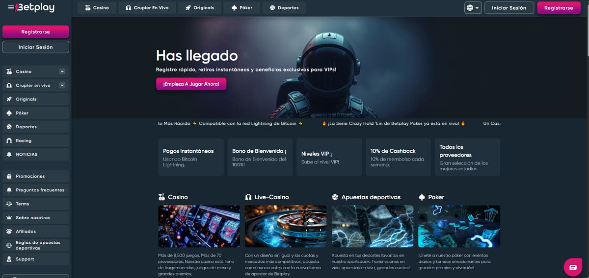 Una captura de pantalla del sitio web del casino online Betplay, con un banner promocional de un bono del 200%, varias secciones de juego y opciones de integración de criptomonedas.