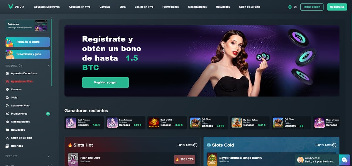 Vave inicio con banner que ofrece bono de hasta 1.5 BTC. Navegación incluye apuestas deportivas, slots, casino en vivo y promociones, con sección de ganadores recientes y juegos como Dark Princess y Big Bass Splash.